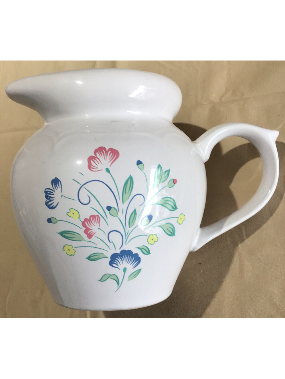 Art pottery pitcher white with blue flowers farmhouse shabby chic